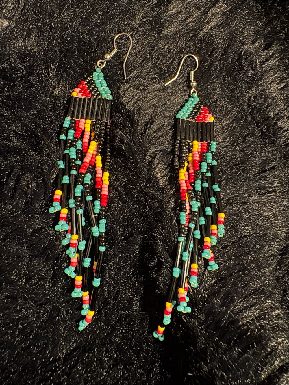 Handmade Multi-Color Beaded Fringe Earrings - Teal, Red & Yellow